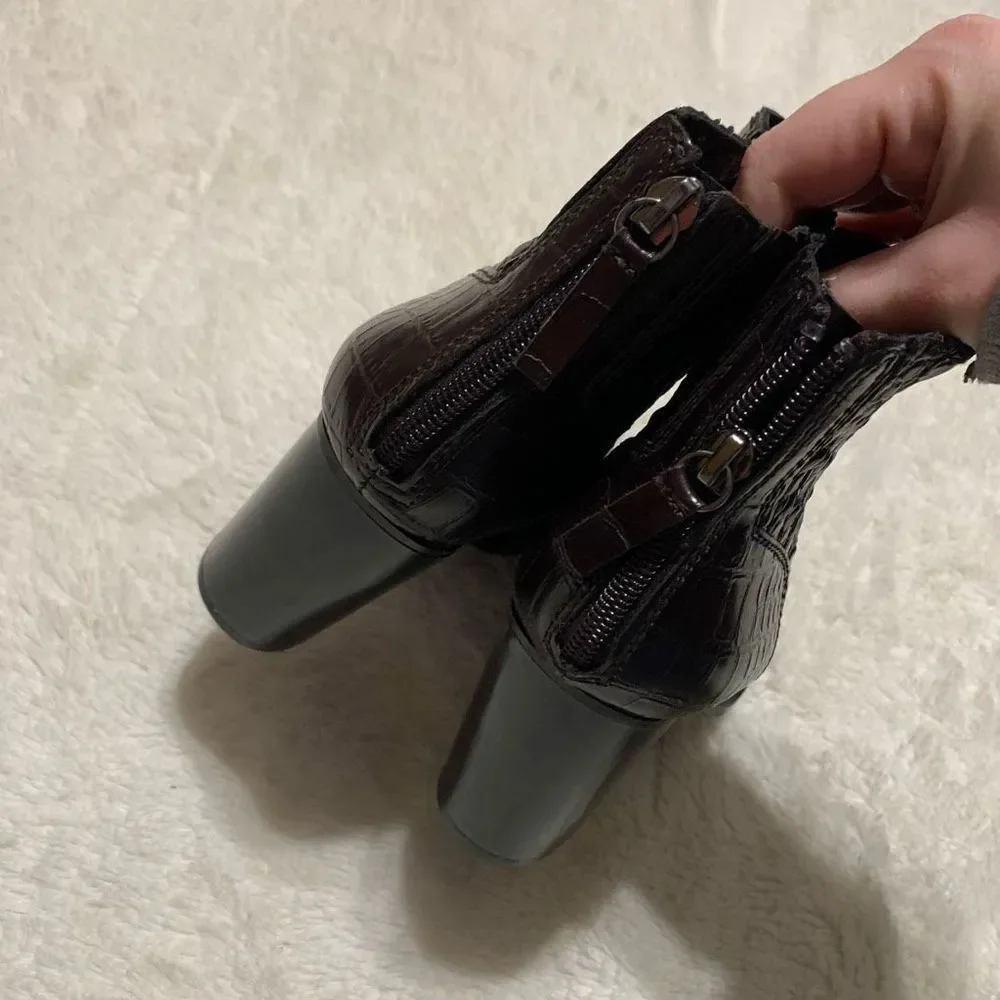 Zara Burgundy Brown Embossed Animal Print Ankle Boots Booties - Picture 4 of 6